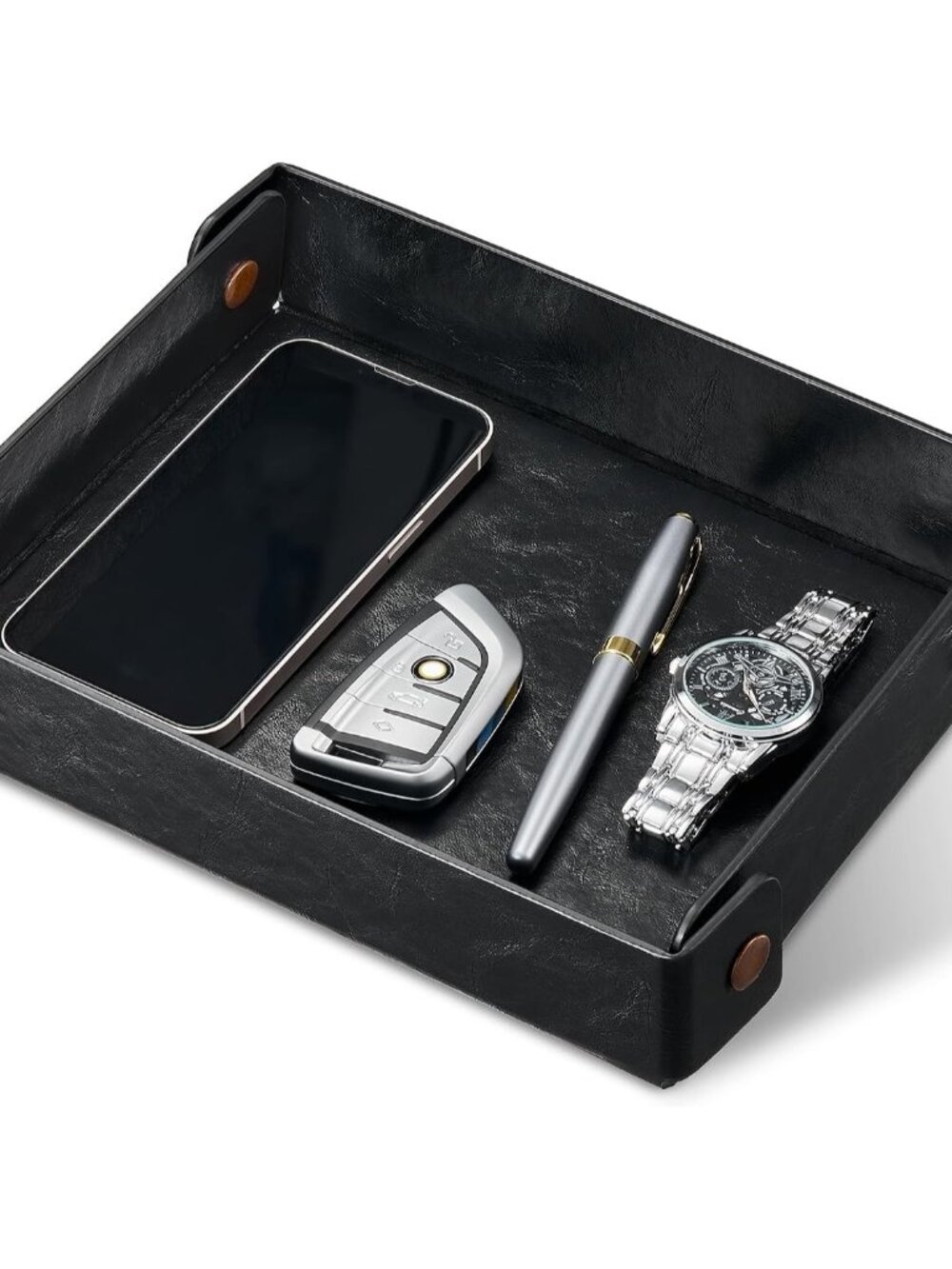 Valet Tray Organizer, Faux Leather Key Storage Tray, Catch All | Black